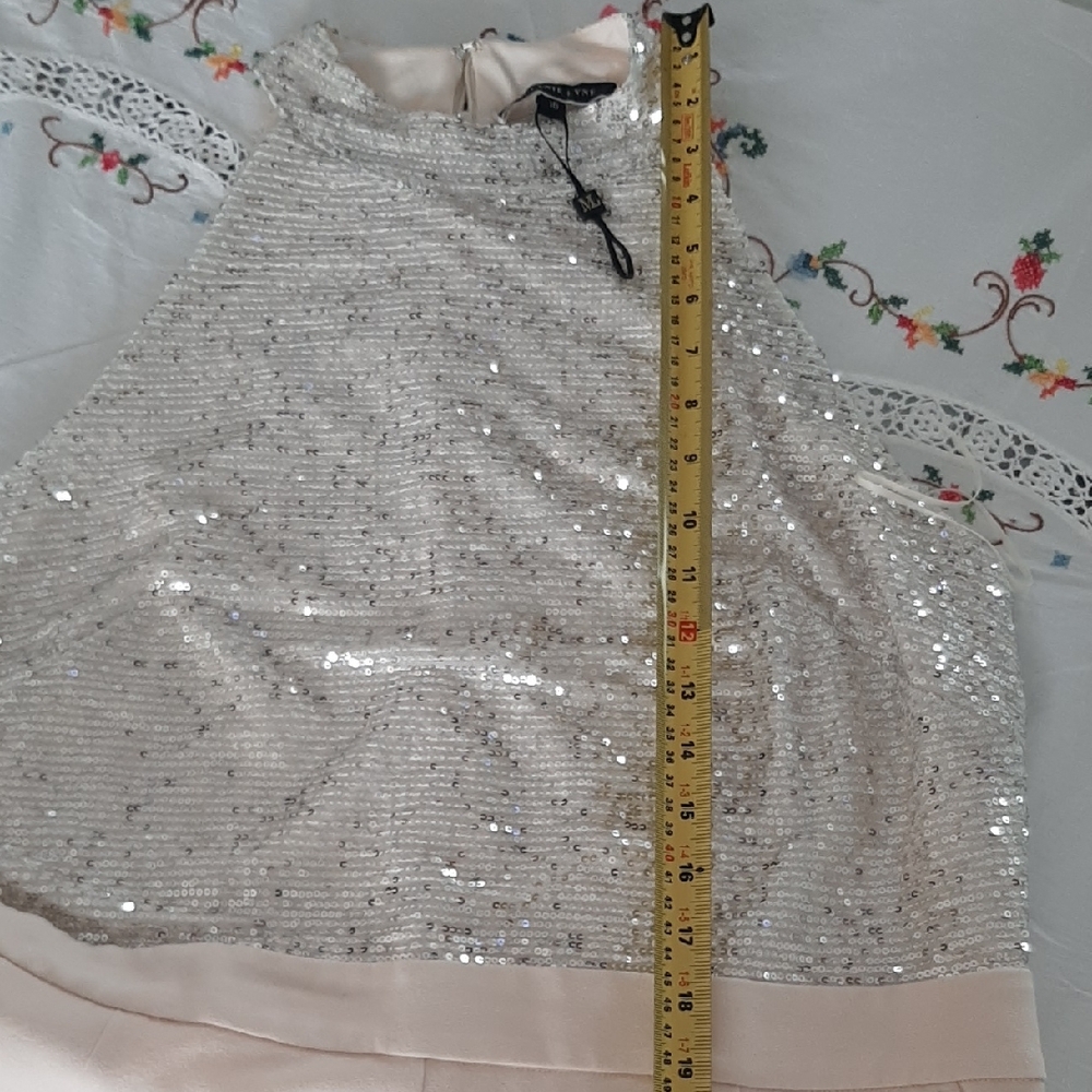 NEW๐MELANIE LYNE๐CREAM Silver Sequin WIDE LEG Jumpsuit with STRETCH Sz ML - Picture 9 of 13